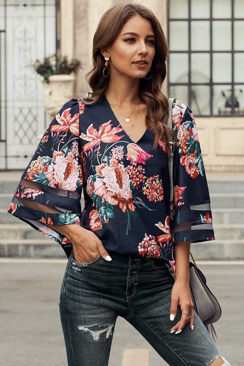 Trendsi Long Sleeve Tops Red Floral / S Printed Flare Sleeve Top