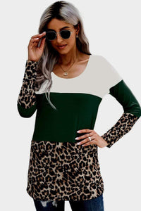 Trendsi Long Sleeve Women's Tops Green / S Lace Back Leopard Cut & Sew Tee