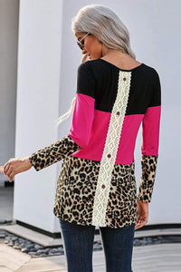 Trendsi Long Sleeve Women's Tops Lace Back Leopard Cut & Sew Tee