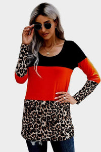 Trendsi Long Sleeve Women's Tops Orange / S Lace Back Leopard Cut & Sew Tee