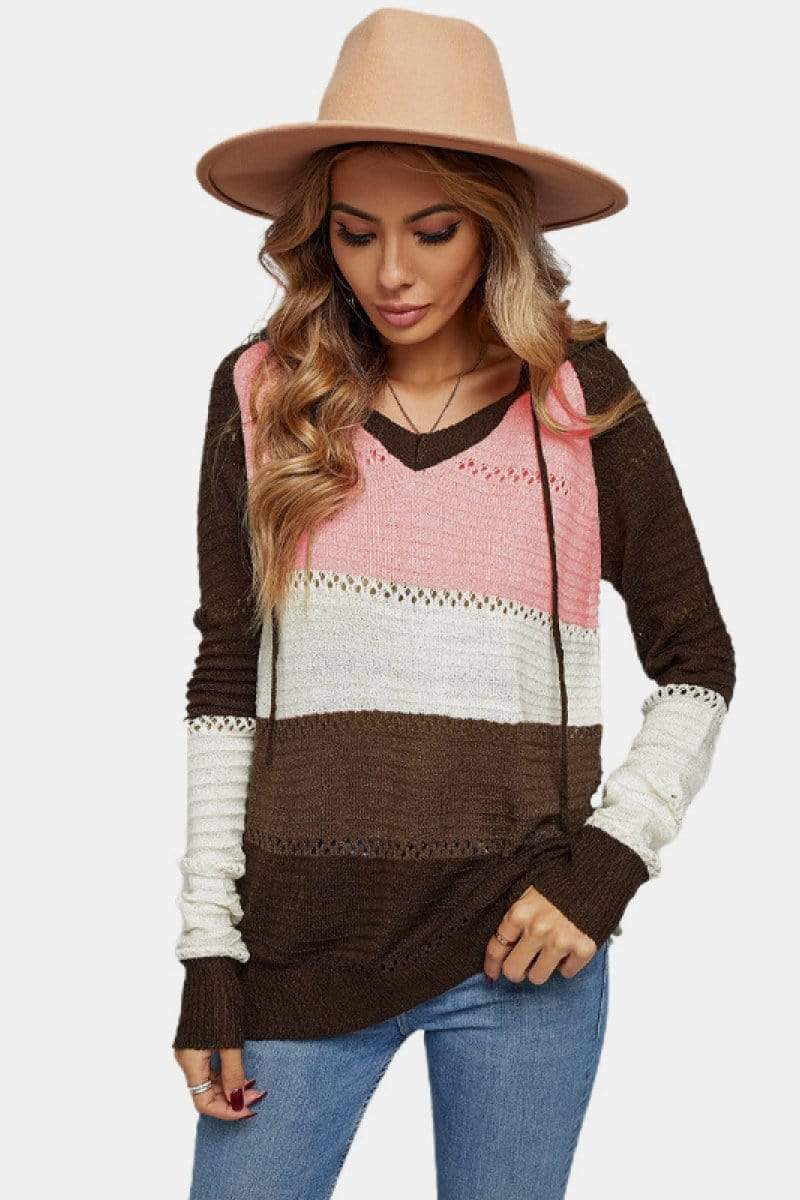 Trendsi Sweatshirts/Hoodies Brown / S Color Striped Knitted Hoodie