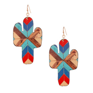 Multi Mosaic Leather Cactus Earrings