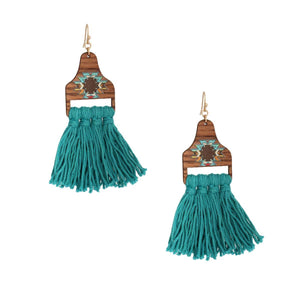 Turquoise Tassel Wooden Earrings