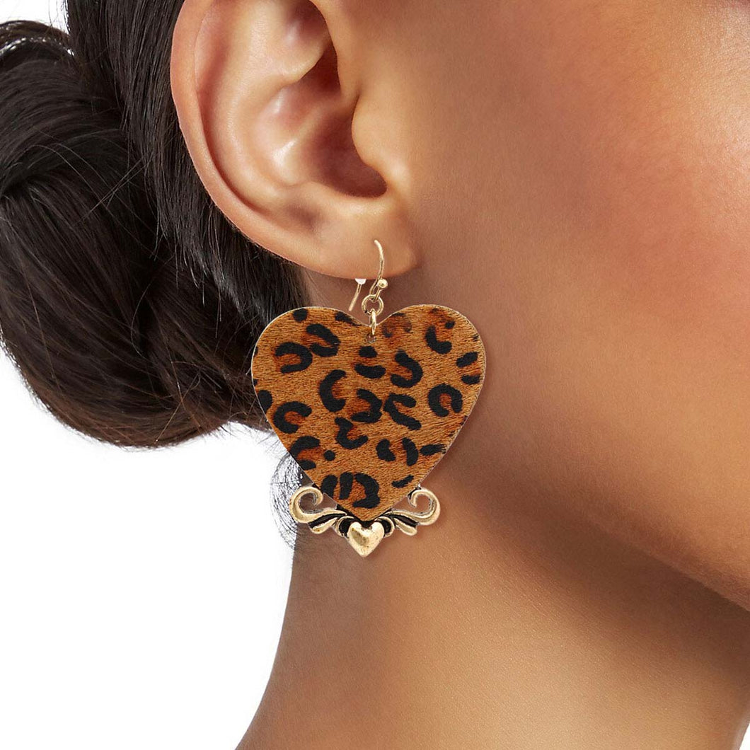 Leopard Print Leather Heart Earrings