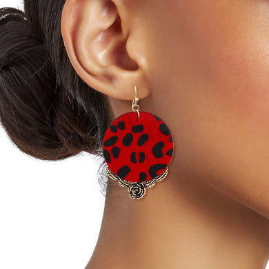 Red Leather Animal Print Circle Earrings