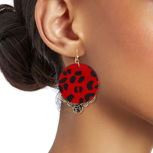 Red Leather Animal Print Circle Earrings