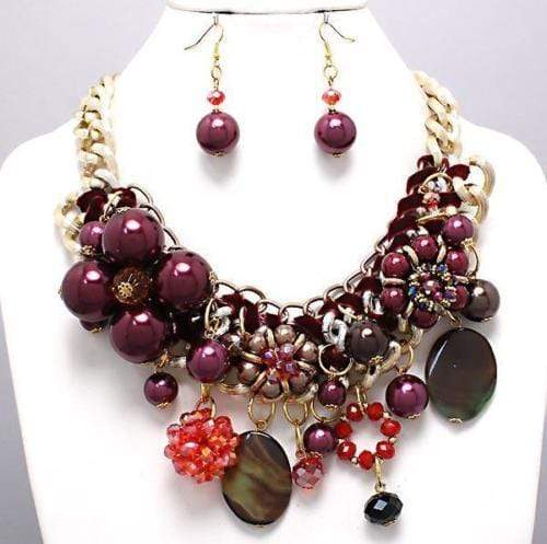 We Sell Fashion Chunky Tangled Chunky Pearl & Metallic Bead Ball Necklace -  Red, Gold, Burgundy