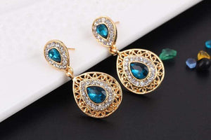 We Sell Fashion Costume Jewelry Aqua Color Stone Necklace w Faux Gold Trim w Matching Earrings