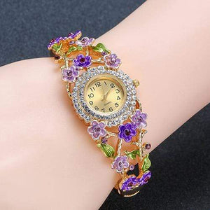 We Sell Fashion Fashion Gold ColorPurple Flower Decorated Hollow Out Design Color Matching Watch