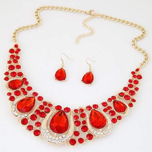 We Sell Fashion Luxury Red Water Drop Diamond Decorated Hollow Out Jewelry Set