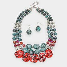 We Sell Fashion Necklaces 3 Row Pebble Antique Spacer Atina Verdigris, Red Beaded Necklace with Matching Earrings - Tribal, Bohemian