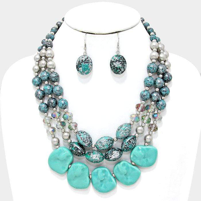 We Sell Fashion Necklaces 3 Row Pebble Antique Spacer Patina Verdigris, Turquoise Beaded Necklace with Matching Earrings - Tribal, Bohemian