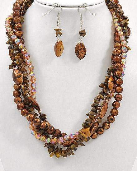 We Sell Fashion Necklaces Beaded Antique Silver Tone / Brown Acrylic & Stone / Lead Compliant / Multi Strand / Necklace & Hook Earring Set