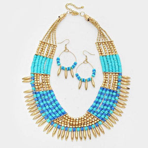 We Sell Fashion Necklaces Beaded Spike Blue/Gold Color Tribal, Bohemian, Collar Necklace with Matching Earrings