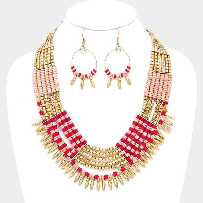 We Sell Fashion Necklaces Beaded Spike Multi Color Tribal Bohemian Collar Necklace with Matching Earrings