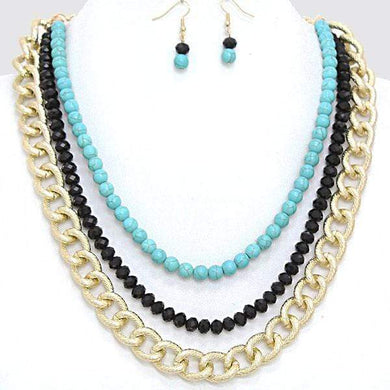 We Sell Fashion Necklaces Black Blue Gold Tired Howlite Beaded  Chain Necklace with Matching Earrings