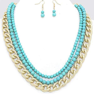 We Sell Fashion Necklaces Blue Gold Tired Howlite Beaded  Chain Necklace with Matching Earrings
