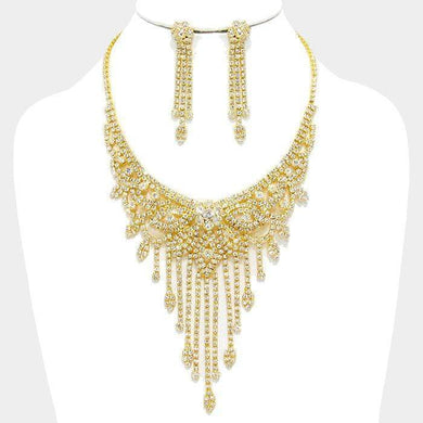 We Sell Fashion Necklaces Crystal Rhinestone Clear/Gold Petal Fringe Bib Evening Necklace with Matching Earrings
