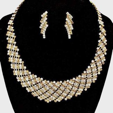 We Sell Fashion Necklaces Crystal Rhinestone Clear/Gold Round Collar Necklace with Matching Earrings