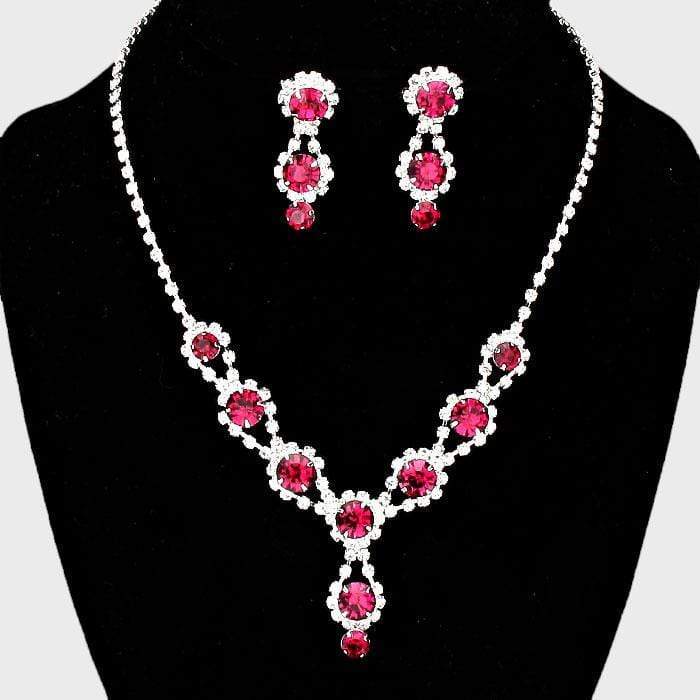 We Sell Fashion Necklaces Crystal Rhinestone Necklace in Clear/Silver/Fuchsia Color with Matching Earrings