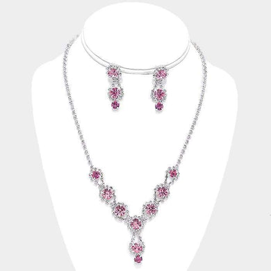 We Sell Fashion Necklaces Crystal Rhinestone Necklace in  Silver/Pink/Clear Bubble Link with Matching Earrings