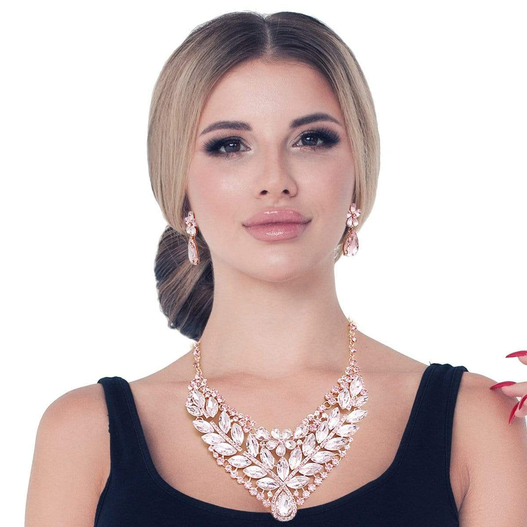 We Sell Fashion Necklaces Elegant Pink and Rose Gold Crystal Bib Necklace Set - Wedding Evening Jewelry