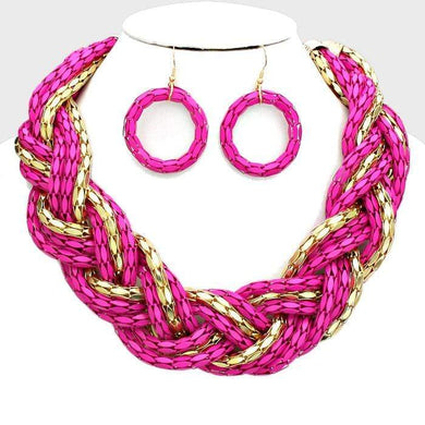We Sell Fashion Necklaces Gold Fuchsia Colored Braided Metal Necklace with Matching Earrings