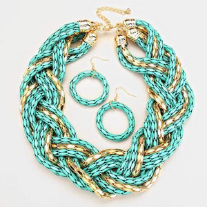 We Sell Fashion Necklaces Gold Mint Colored Braided Metal Necklace with Matching Earrings
