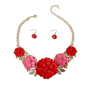 We Sell Fashion Necklaces Stylish Red Metal Flower Necklace Set w Matching Earrings