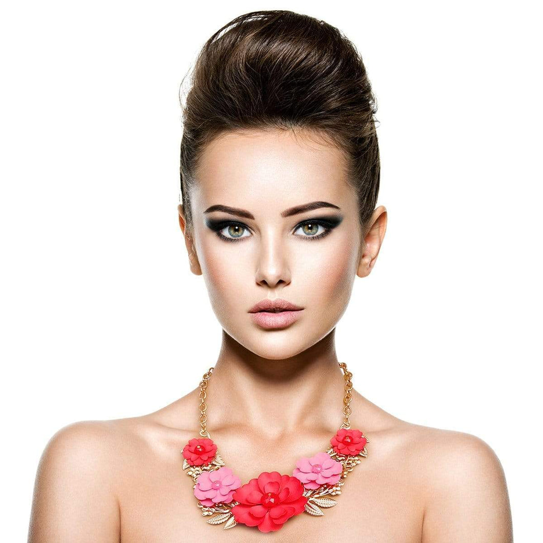 We Sell Fashion Necklaces Stylish Red Metal Flower Necklace Set w Matching Earrings
