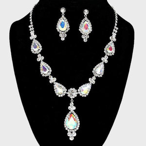 We Sell Fashion Necklaces Teardrop AB/Silver Accented Rhinestone Necklace with Matching Earrings