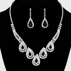We Sell Fashion Necklaces Teardrop Black/Clear  Accented Rhinestone Necklace with Matching Earrings