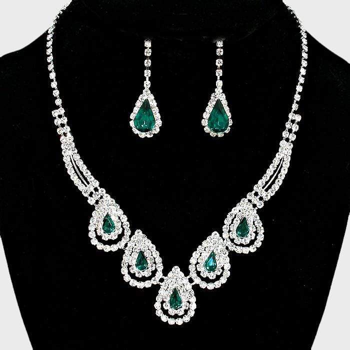 We Sell Fashion Necklaces Teardrop Clear/Silver/Emerald Color  Accented Rhinestone Necklace with Matching Earrings