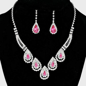 We Sell Fashion Necklaces Teardrop Clear/Silver/Pink Color  Accented Rhinestone Necklace with Matching Earrings