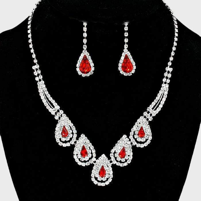 We Sell Fashion Necklaces Teardrop Clear/Silver/Red Accented Rhinestone Necklace with Matching Earrings