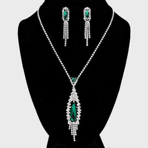 We Sell Fashion Necklaces Teardrop Rhinestone Necklace in Silver/Clear/Emerald Color with Matching Earrings