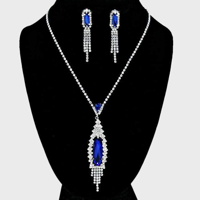 We Sell Fashion Necklaces Teardrop Rhinestone Necklace in Silver/Clear/Sapphire Color with Matching Earrings