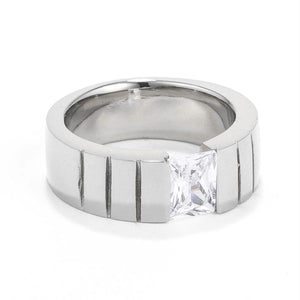 We Sell Fashion Rings 11 Men's 8MM Stainless Steel Band with Tension Set Radiant Cut CZ, <b>Size 8</b>