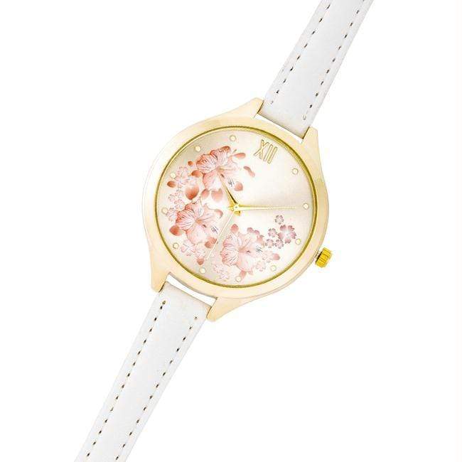 We Sell Fashion Watches Gold Skinny White Leather Floral Watch