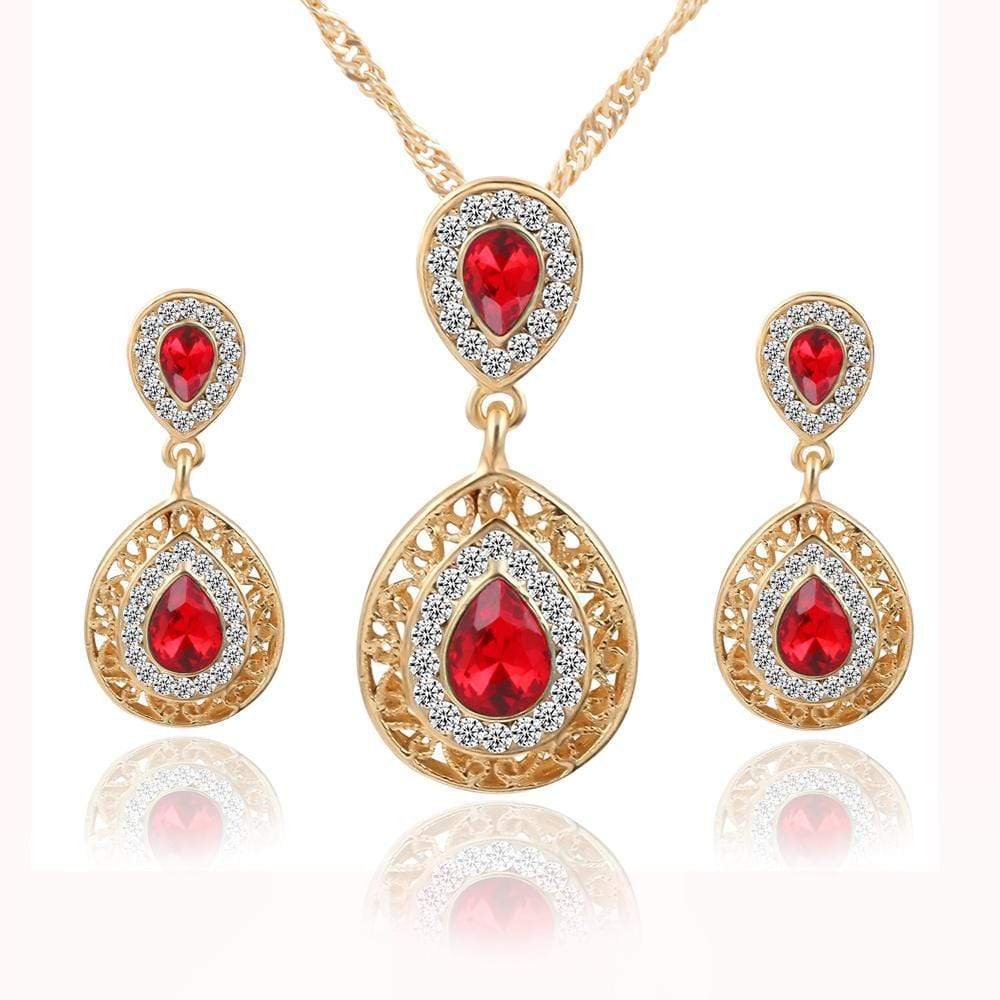 We Sell Fashion Women's Costume Jewelry Red Necklace w Faux Gold Trim w Matching Earrings