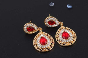 We Sell Fashion Women's Costume Jewelry Red Necklace w Faux Gold Trim w Matching Earrings