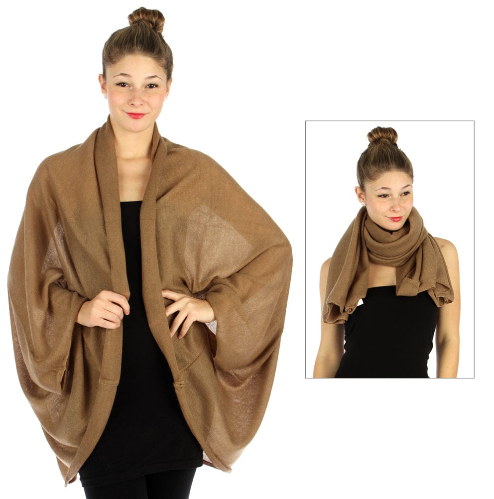 Women's Soft Warm Solid Brown Infinity Scarf Kimono Wrap - Ruffle Shrug