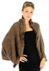 Women's Fur Point Diamond Pattern Shrug in Brown with Fringe - Wrap Cover Up